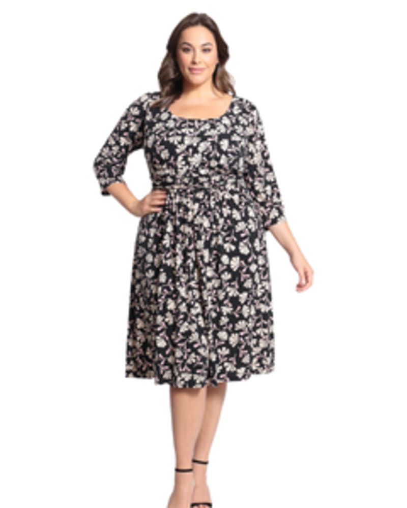 Front of a model wearing a size 14 Zoey Square Neck Midi Dress in BLACK/BLUSH by London Times. | dia_product_style_image_id:268595